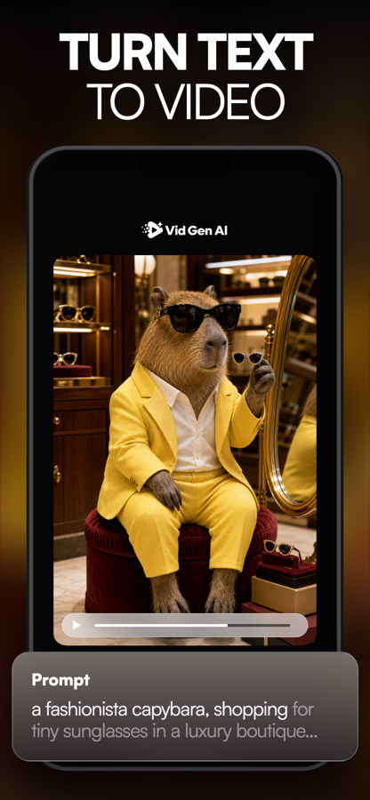 Vid Gen AI text-to-video App Store preview with a stylish capybara